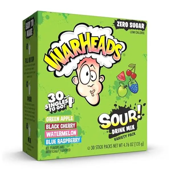 Warheads Singles To Go Sour Drink Mix, 30 Sticks, Variety Pack (Green Apple, Black Cherry, Watermelon, Blue Raspberry), Zero Sugar, Low Calorie