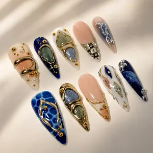 Silver Chrome Press On Nails Long Stiletto Y2K Gothic Nails Handmade 3D Metallic Fake Nails Luxury Glam Reusable Acrylic Nails Cyber Aesthetic Nail Art Set for Women Girls