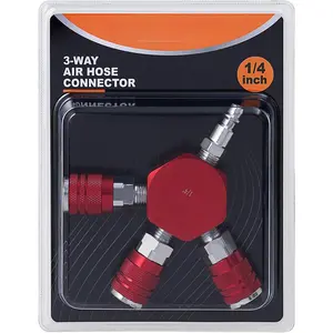 3 Way Air Hose Splitter, 1/4 Inch Air Hose Fitting, 1/4'' Quick Connect Manifold Fitting with 2 M-Style Couplers & 1 Industrial Air Plug, Air Hose Splitter in Red