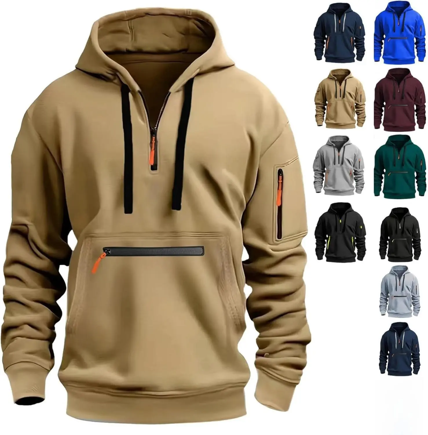 Men's Fleece Hoodie Casual Long Sleeve 1/4 Zipper Pullover Vintage Workout Hoodies Military Tactical Sweatshirt