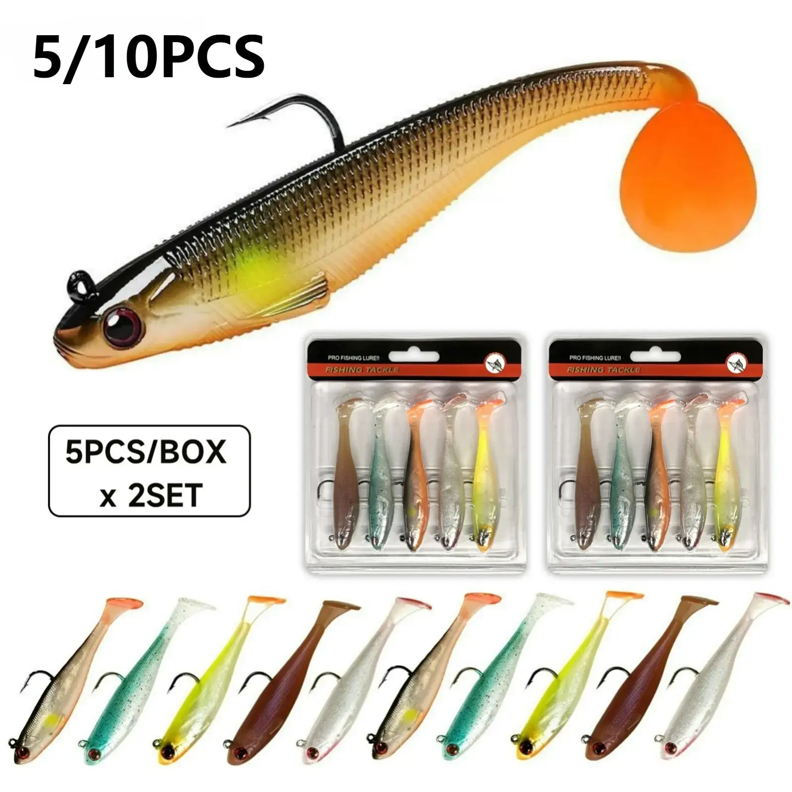 5/10Pcs Soft Bait for Bass Fishing,Pre-Rigged Hookhead Fishing Lures, Soft Plastic Swimbaits with Paddle Tail, Trout Bass Sinking Baits Kit for Saltwater/Freshwater, Fishing Gear and Crappie Fishing Jigs