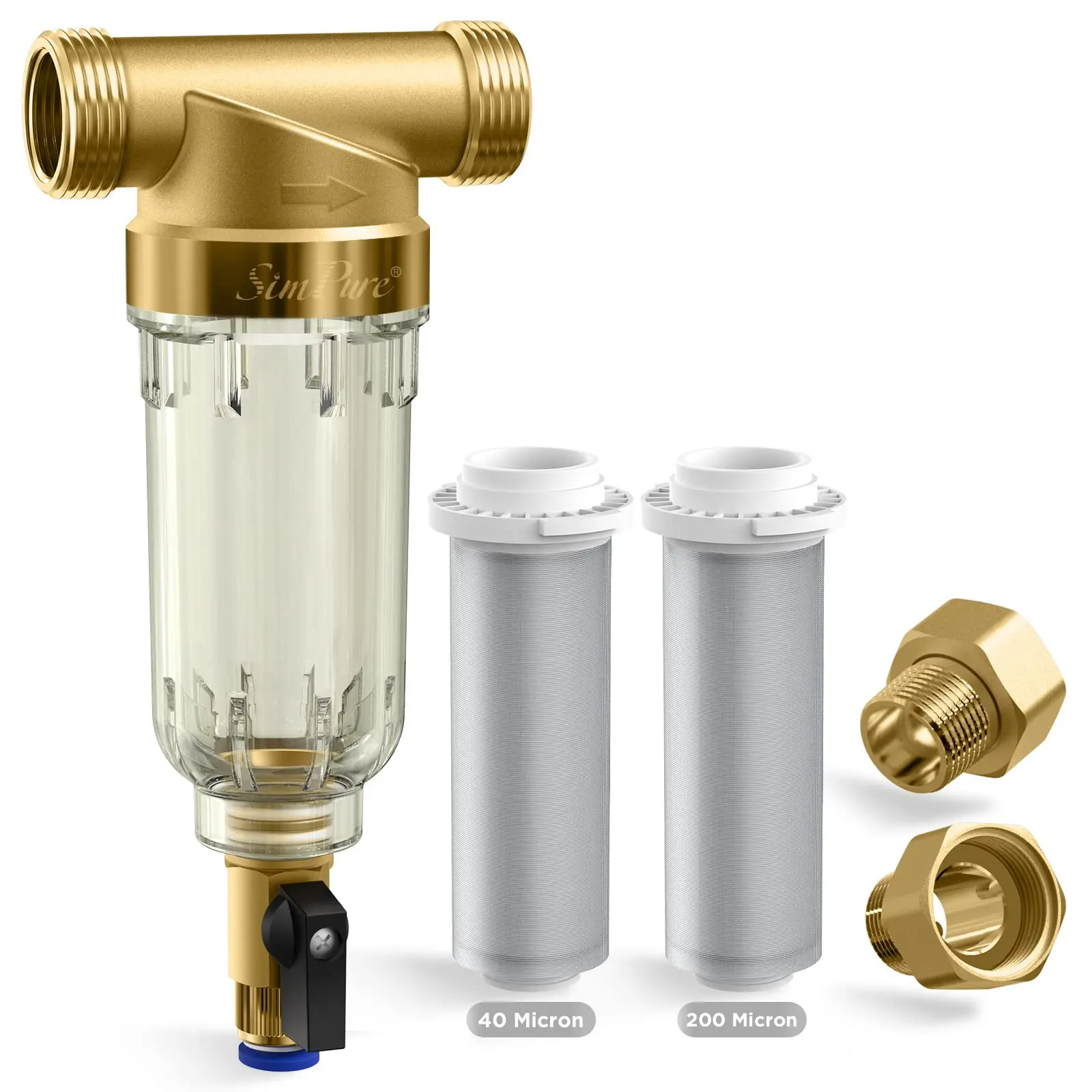 SimPure DC5P/S 40/200 Micron Spin Down Sediment Filter Reusable Whole House Sediment Water Filter Pre-Filtration System for City/Well water