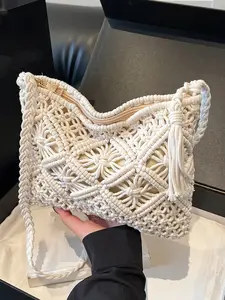 Hand-crocheted natural straw rope, hollow flower design, tassels embellished retro straw shoulder bag, literary and fresh style, versatile and fashionable, suitable for shopping, vacation, travel, etc., Boho Style Crossbody