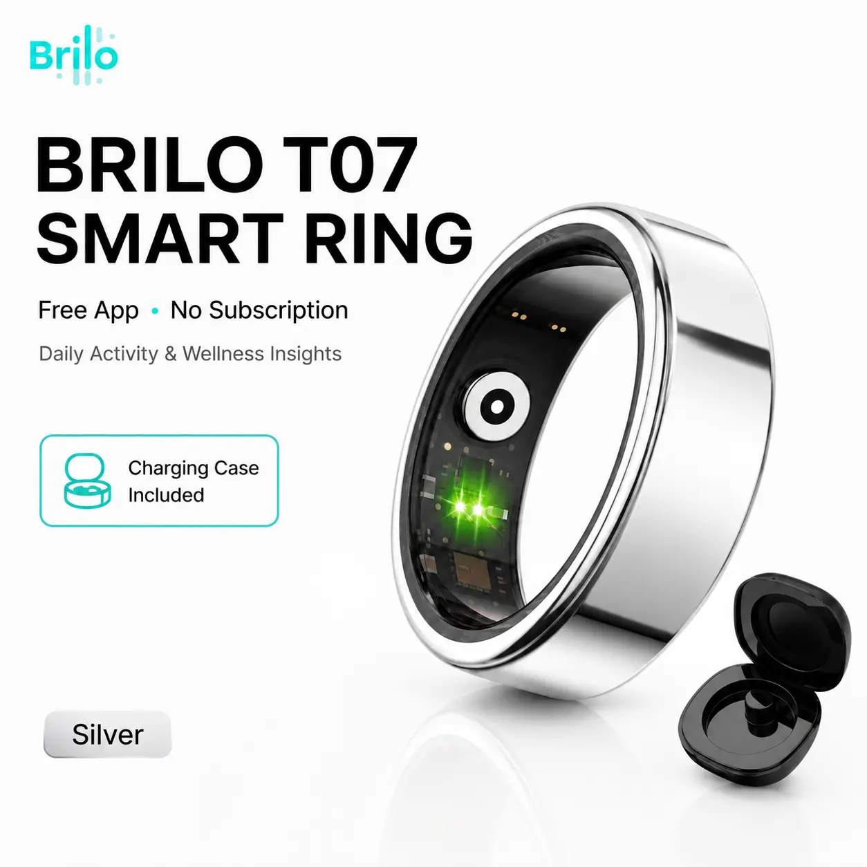 BRILO T07 Silver Smart Ring Fitness Tracker with Charging Case, IP68 Waterproof, Free App