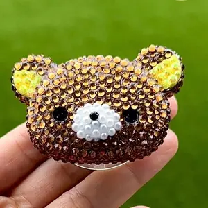 Brown Bear Grip Bling Bling Glue On Magnetic Phone Holder AB Rhinestone Stand Mount Aesthetic Smartphone Cellphone Accessory