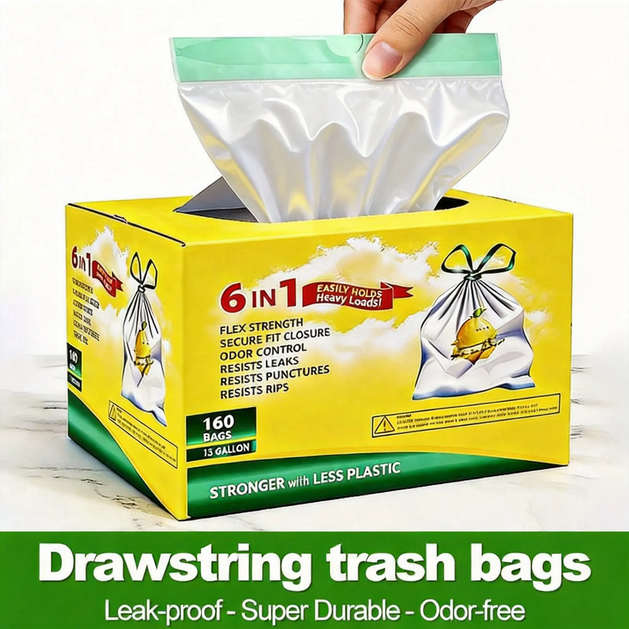 160-Count 13gal Trashbags, Boxed Pack Trash Bags with pull‑out type, Puncture Res, Durable Easy-to-Use Drawstrings for Kitchen Use