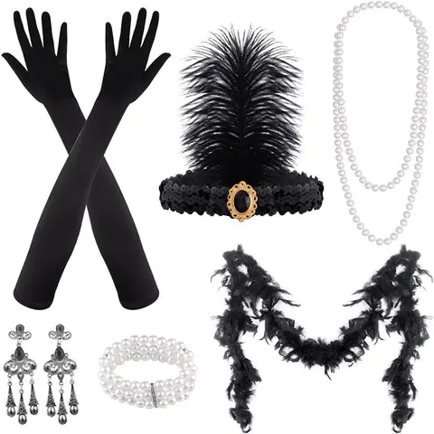 Women's Retro 1920s Full Gatsby Satin Accessory Set - Elegant, Black Feather Headband, Necklace, Earrings, Handheld Prop, Artificial Pearl Bracelet, Elastic Design, Wedding-Style Flair, All Body Types, Gift-Ready Packaging, Party Supplies