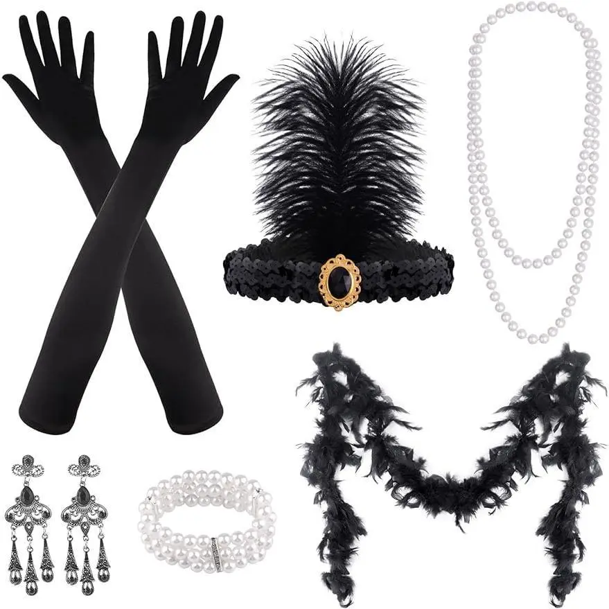 Women's 1920s Vintage Full Gatsby Satin Accessory Set - Elegant Flapper Headband, Necklace, Earrings, Handheld Prop, Feather Boa, Elastic Design, Gift-ready Packaging, Retro Party Ready for Parties, Wedding, Non-washable Festive Gift