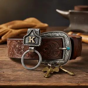 Handmade Cow Tag Belt Key Holder with Copper Initial - Custom Vintage Western Keychain for Men & Women Texas-Inspired Cowboy Keychain Fashion Accessory for Bags Keys & Gifts