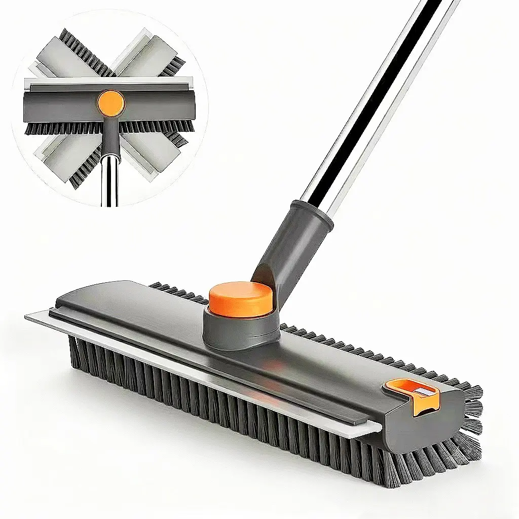 3-in-1 Floor Cleaning Brush with Squeegee, Stiff Bristle Scrub Brush for Bathroom Kitchen Tiles, Long Handle Grout Cleaner, Corner Floor Scrubbing Tool for Wet and Dry Cleaning, Heavy Duty Multi-Purpose Floor Brush