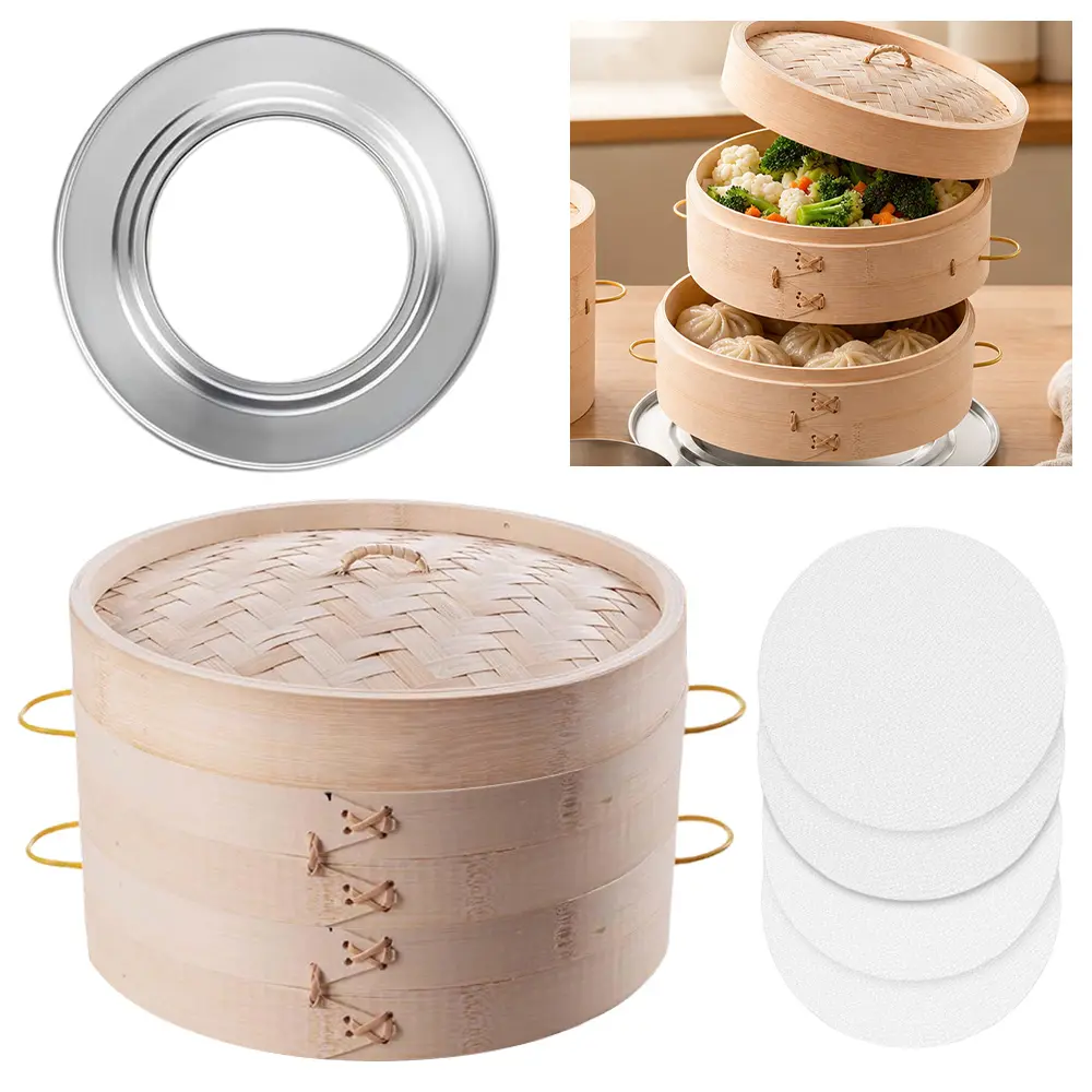 1Set Bamboo Steamer 10 Inch 2 Tier Wooden Basket With Handle, Ring Adapter, Reusable Silicone Liner, Kit For Cooking Dumpling Baby Bao Bun, Dim Sum, Rice Potsticker Steaming Chinese Asian Food & Vegetables