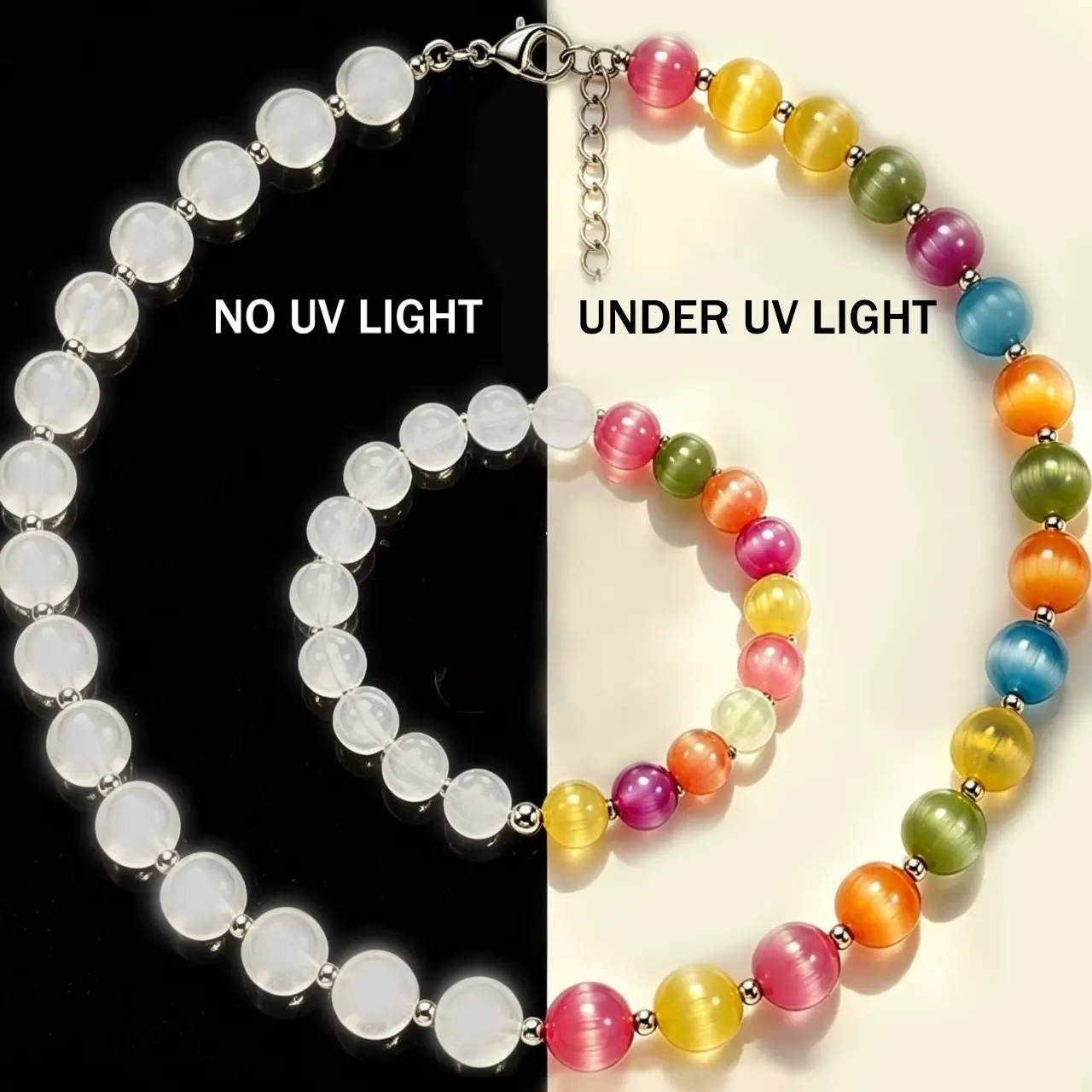 Dopamine Necklace UV Reactive Colorful Rainbow Beaded Necklace Dopamine Jewelry Set Color Changing Mood Necklaces Bracelet Earrings Summer Beach Vacation Gift for Women