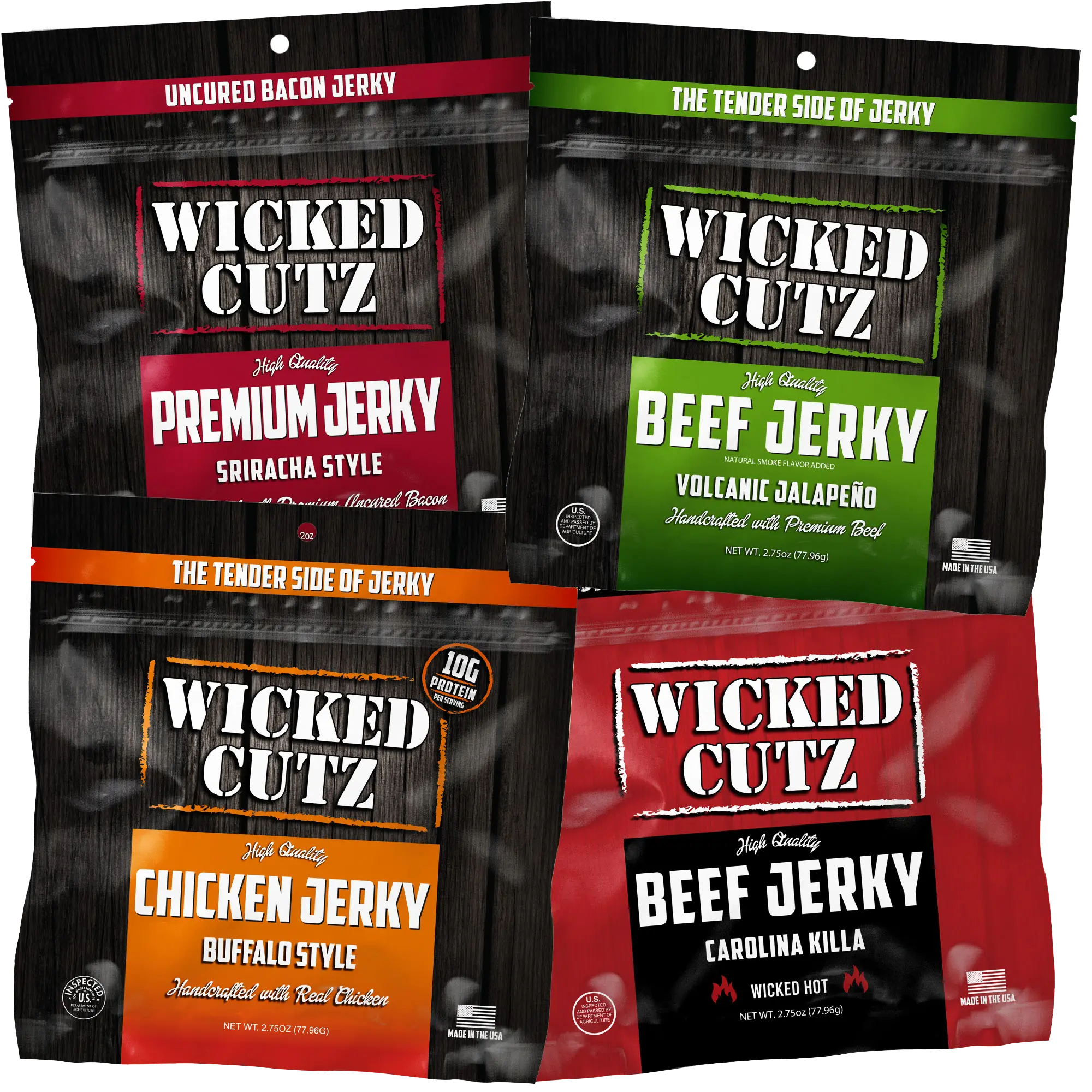 Spicy Jerky Pack - Buffalo Style Chicken, Carolina Reaper, Jalapeno, Sriracha