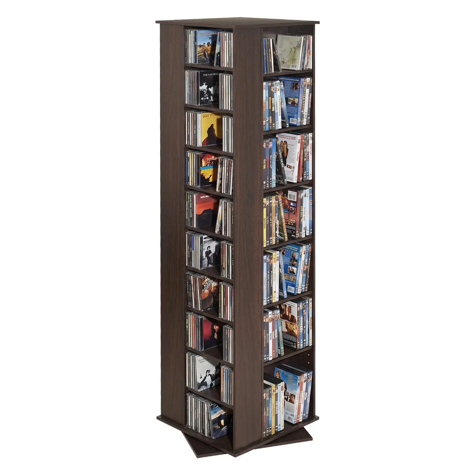 【Summerfinds】VEVOR Rotating Media Storage Cabinet with Label Stickers, Adjustable Shelves & Rotating Base - 34-Compartment CD Rack Tower for CDs, DVDs, Books, Game Discs - Living Room, Home Office Use, Brown, 34 Compartments, Easily Assembled, Rotates