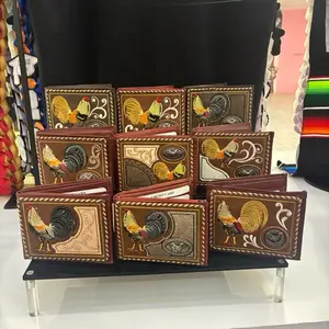 Cowboy style leather  men wallet, with rooster, bull and horses design