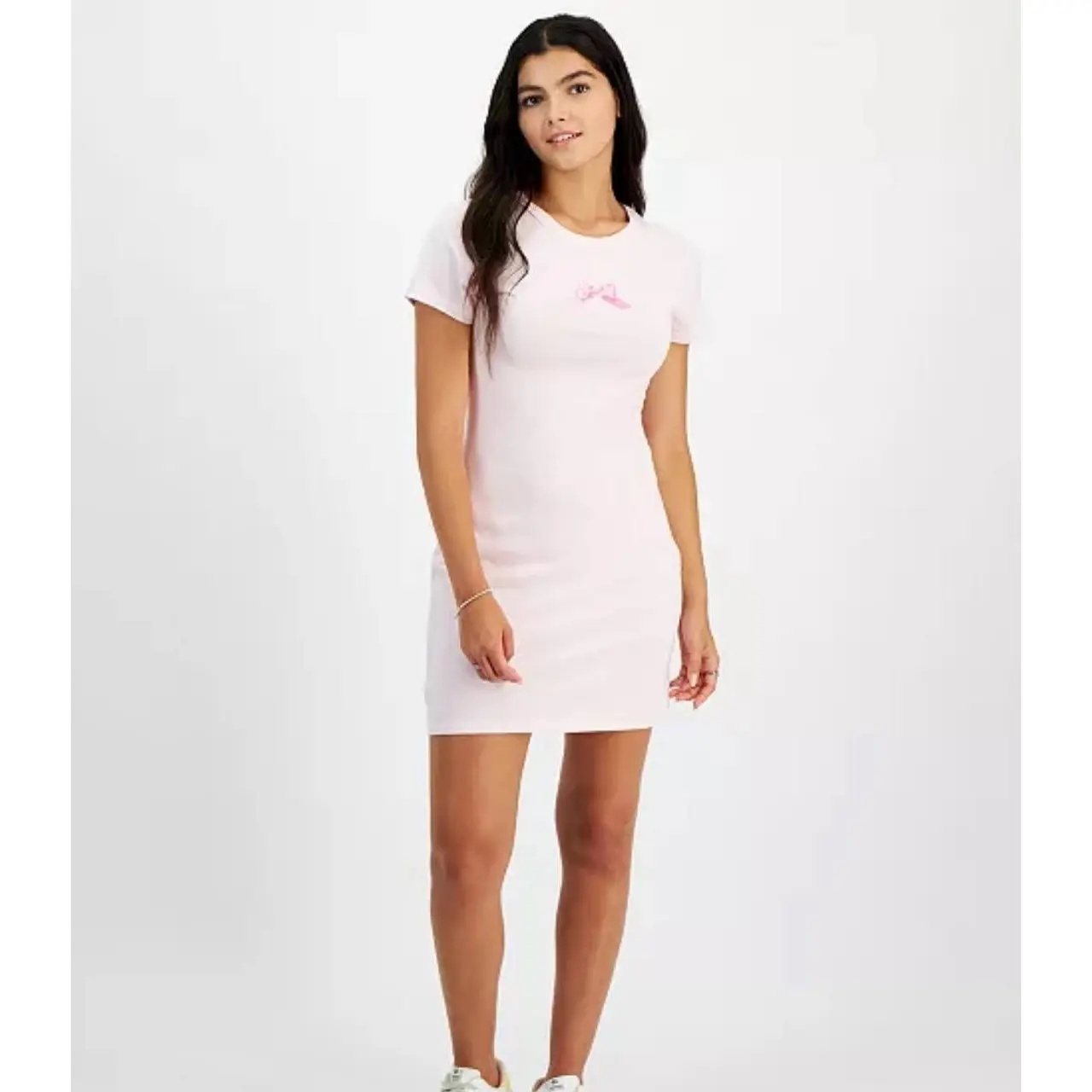 Grayson Threads Juniors' Pink Bow Graphic Knit T-Shirt Dress - Basic, Cotton Blend, Round Neck, Short Sleeve, Above Knee Length, Casual Everyday Use, New With Tags, Relaxed/Regular Fit, Trusted Brand (Sports & Outdoor Clothing)