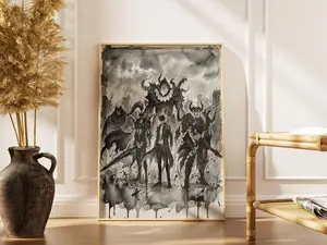 Solo Leveling Poster – Jinwoo & Shadow Army, Anime Black White Watercolor, Epic Scene