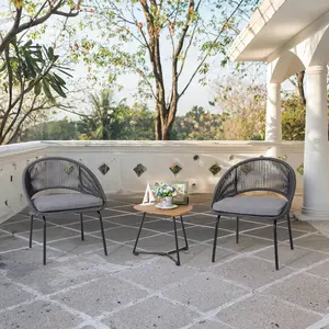 3 piece Outdoor Furniture Sets, 3pcs Rope Design Bistro Sets, Grey Cushion for Your Garden and Patio - Perfect for Relaxing and Entertaining sillas para