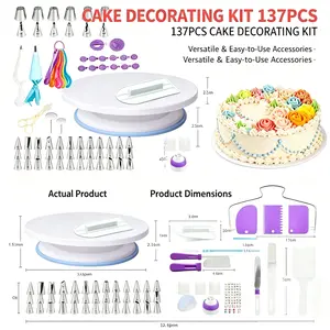 137 Pcs Cake Decorating Supplies Kit with Rotating Turntable, 58 Icing Tips, Piping Bags, Spatulas, Scrapers & Baking Tools Set for Beginners & Pros, Cake Decorating Set for Frosting, Birthday Cakes, Cupcakes