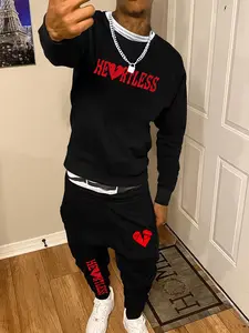 Men's "Heartless" Broken Heart Graphic Tracksuit, Athleisure Sweatsuit, Tracksuit Sweat Suits, Streetwear Urban 2-Piece Outfit, Comfortable Fleece Sweater & Joggers Set for Daily Wear