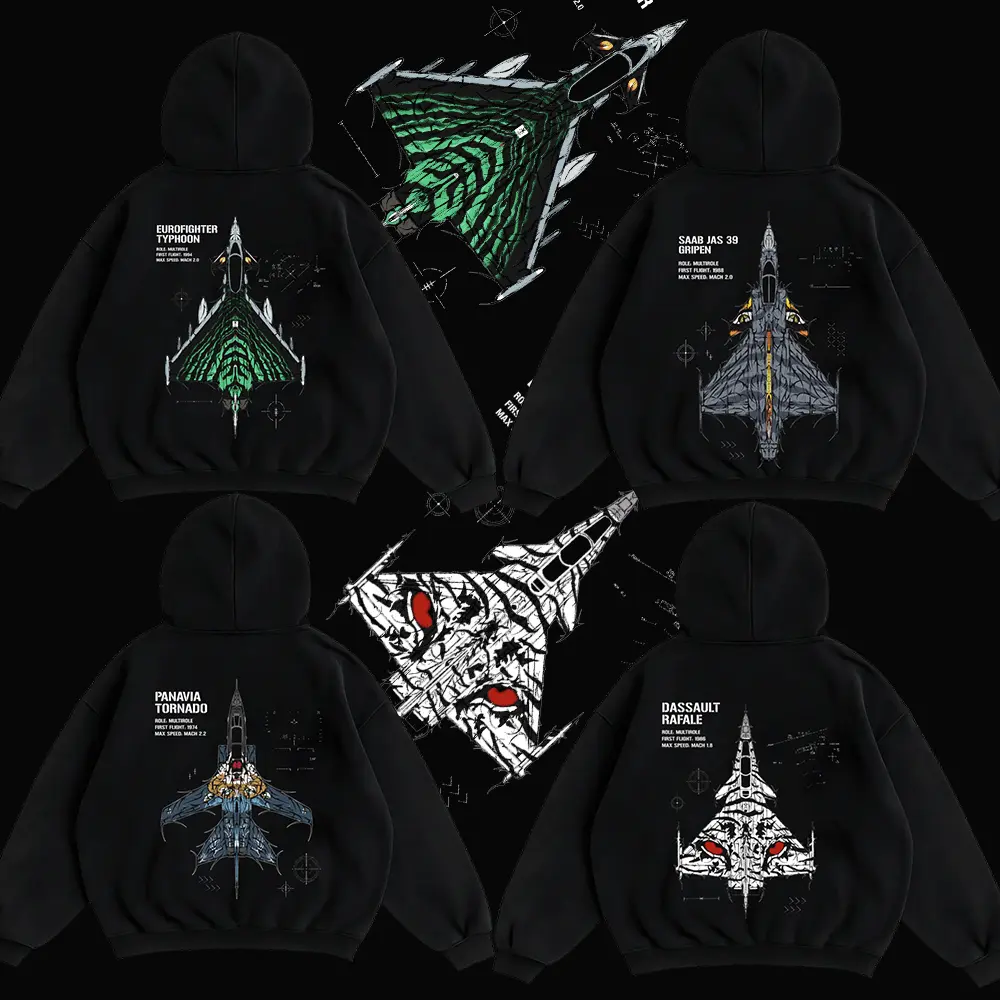Fighter Jet Hoodie Collection – Eurofighter Typhoon, SAAB Gripen, Panavia Tornado, Dassault Rafale Military Aviation Streetwear Sweatshirt, Aircraft Graphic Pullover Hoodie for Men Women, Pilot Gift
