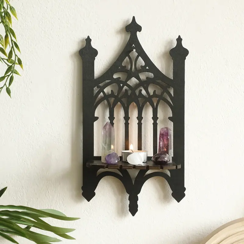 Gothic Cathedral Crystal Display Stand, Handmade Unique Poplar Wood Wall Shelf, Gothic Home Decor, Decorating, Halloween Party Decoration, Witchcraft Bohemian Style, Wall Mounted Shelf