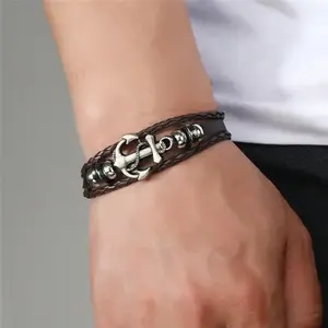 Men Punk Style Beaded Leather Bracelet With Metal Anchor Charm, Suitable For Daily Wear And Gift For Family & Friends