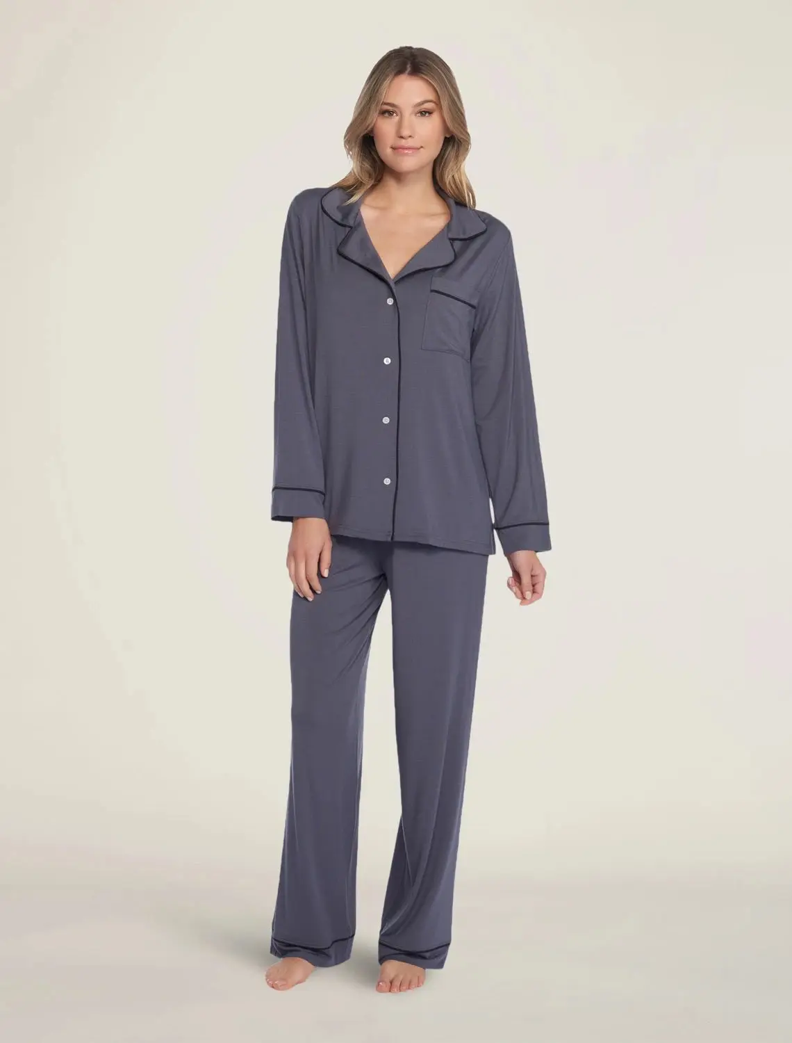 {Barefoot Dreams} Luxe Milk Jersey Pajamas :: Women's :: Graphite w/ Black Piping