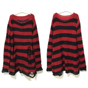 New Punk Gothic Long Unisex Sweater Summer Striped Cool Hollow Out Hole Broken Jumper Loose Rock Thin Dark Streetwear