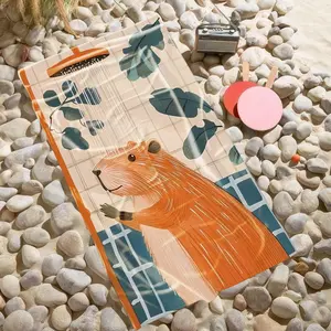 1 piece Otter Shower Fun Mural themed beach towel - All-season comfortable flannel blanket, modern design style, suitable for sofas and beds, digitally printed pattern, super soft and warm, 100% polyester material, machine washable, suitable for