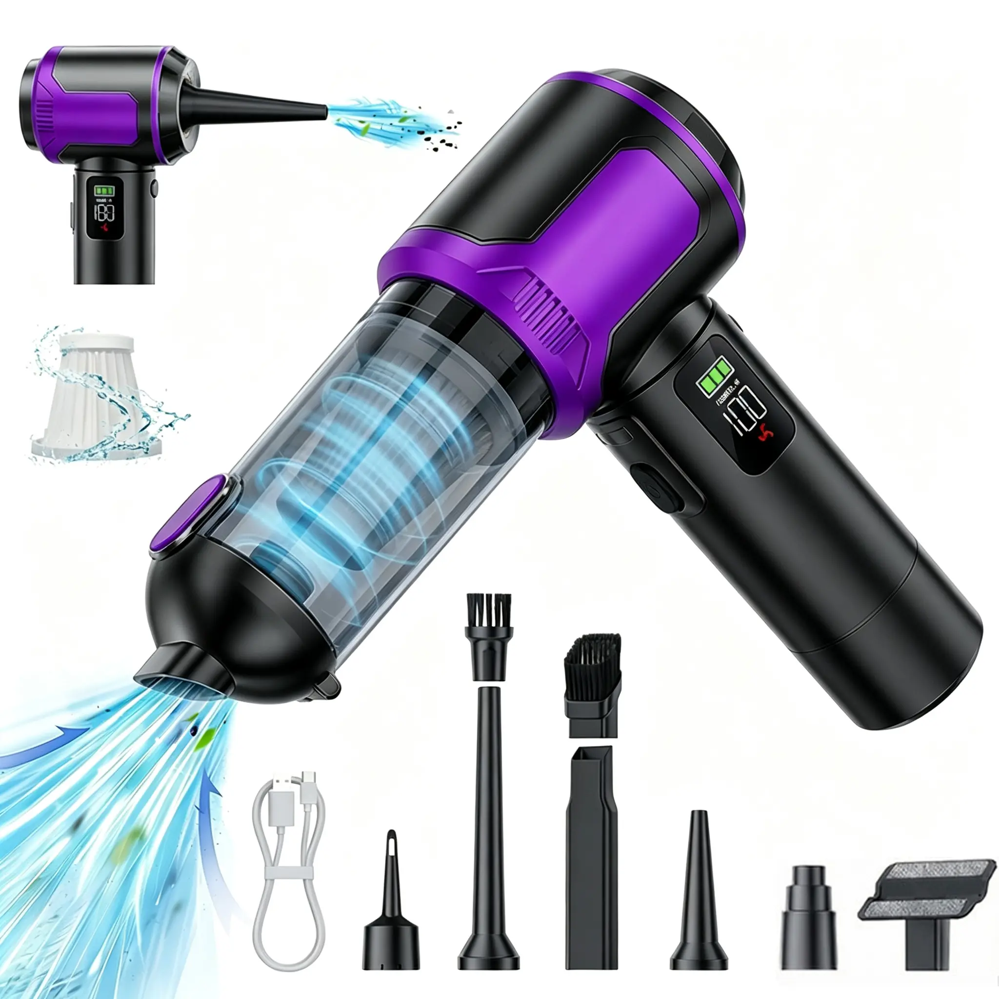 Car-mounted powerful vacuum cleaner, 100W brushless motor, equipped with 17000Pa strong suction, car vacuum cleaner, mini compact body, handheld car vacuum cleaner, suitable for home and car cleaning, exquisite packaging