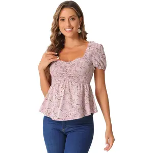 Puff Short Sleeve Floral Blouse for Women's Sweetheart Neck Shirred Ruffle Peplum Top