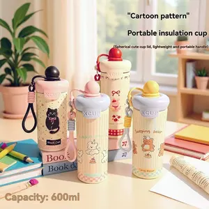 Large Capacity 600ML Stainless Steel Insulated Thermal Cup Traveler Tumbler, Drinkware, Cute Cartoon Design, Floating Straw, Portable Lanyard, Lid, Ideal for Kids School Outdoors
