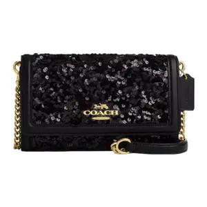 Coach Leather Flap Chain Bag with Sequins and Gold Logo for Women