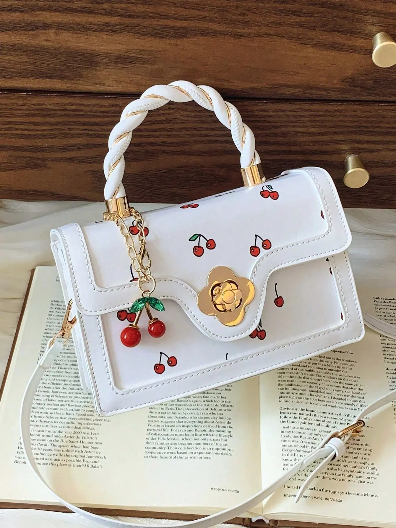 Cute Casual Cherry Print With Cherry Pendant And Adjustable Strap Top Handle Bag ,Crossbody Bag ,Suitable For University/College Classroom / Commute/Work/ Office/Festivals/Vacation/Holiday/Party/Gym/Travel, For Women, Rookies & White-Collar Workers,Girl