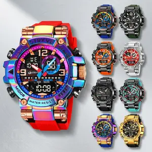 Men's Colorful Punk Style Quartz Watch  Multi-Functional Water Resistant Dual Display Wristwatch Trendy Fashion Sport Watch, Birthday Gift with Tin Box