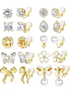 Exquisite 10 Pairs Golden Chunky Clip on Earrings Retro Copper Clip Earrings for Women Men Dangle Faux Pearl Bow Flower Butterfly Cubic Zirconia Non Pierced Earrings Clip on Stud No Piercing Earrings Clip in Earrings Ear Studs Ear Clip Set