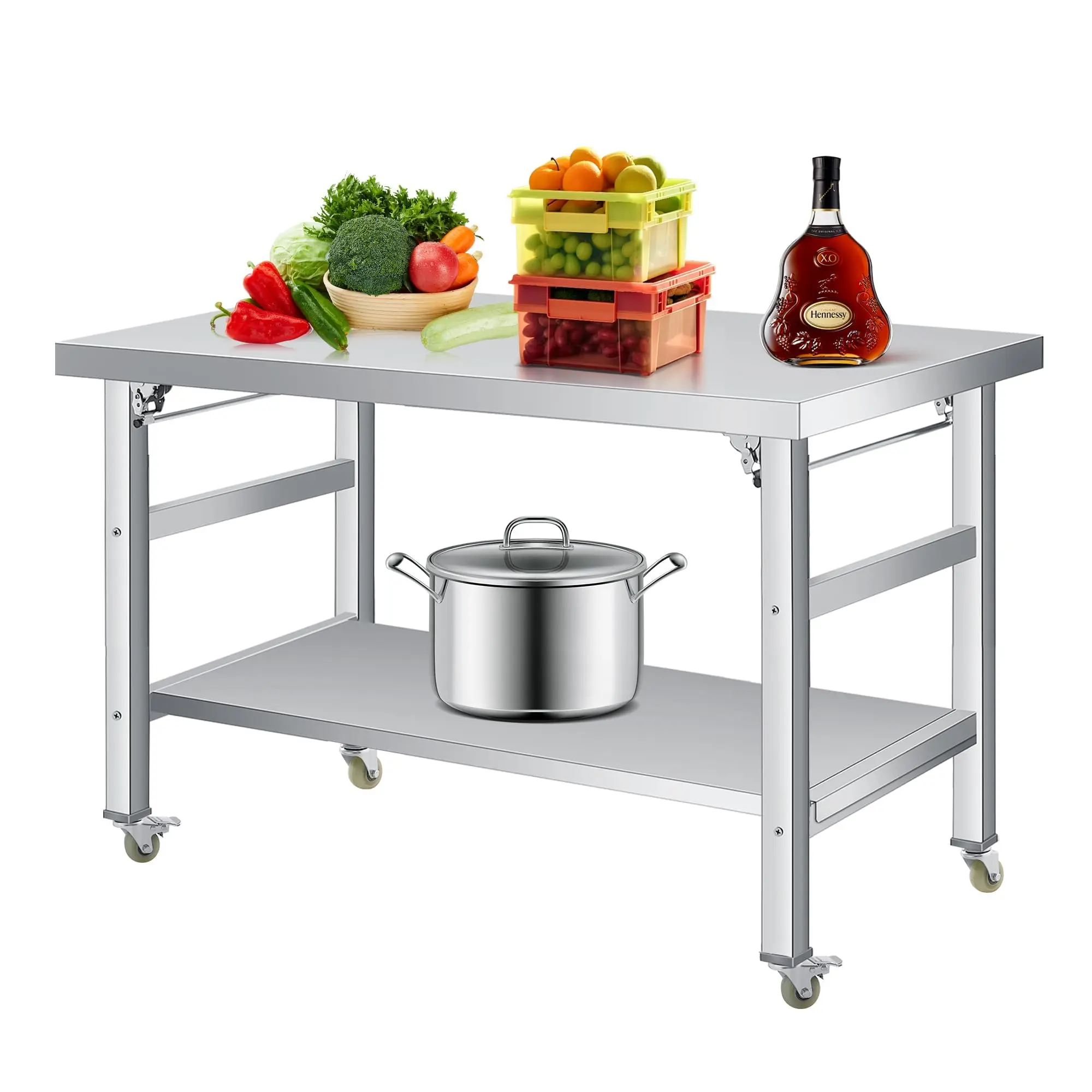 GARVEE Rectangular 36x24 Inch Stainless Steel Solid Surface Folding Table - 920 Lbs Commercial Grade Double Tiered Prep Table with Undershelf and Locking Casters for Kitchen, Garage