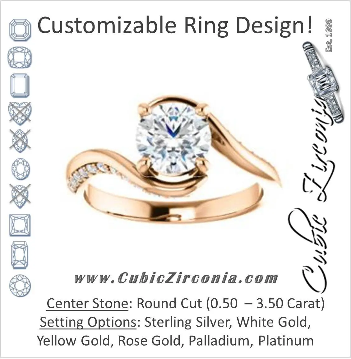 Cubic Zirconia Engagement Ring- The Nicola (Customizable Round Cut Style with Twisting Bypass Band featuring Inset Pavé Accents)
