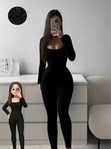 Black U-neck long-sleeved jumpsuit