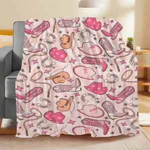 Western Theme Flannel Blanket - Lightweight, Soft Pink All-Season Blanket with Cowboy Boots, Cowgirl Hat, Horseshoe Motifs for Bed, Camping