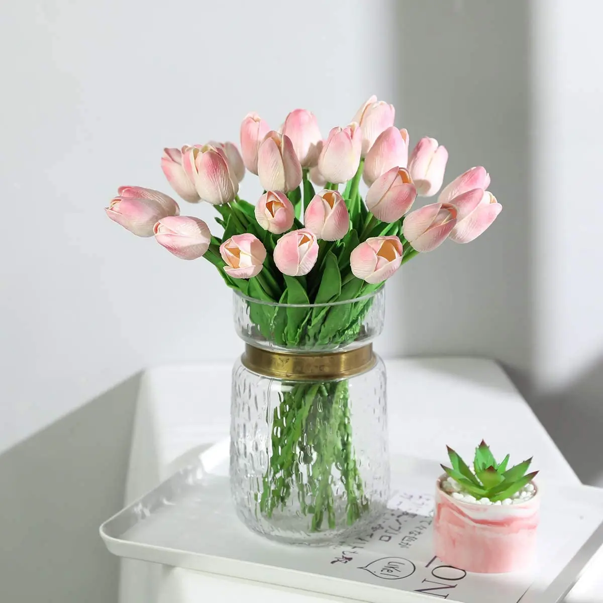 LUYUE 24pcs Fake Tulips Artificial Flowers with Stems -Pink Real Faux Tulips Arrangement Home,Decorations,Indoor Plants Room