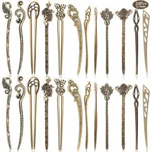 24 count Chinese Women Hair Sticks,  12 Styles  Bronze Decorative Hair Pin Chopsticks, Antique Retro Hair Forks for Hair DIY Accessory