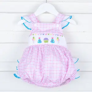 Birthday Smocked Pink Check Leah Bubble - Girls Ruffle Outfit