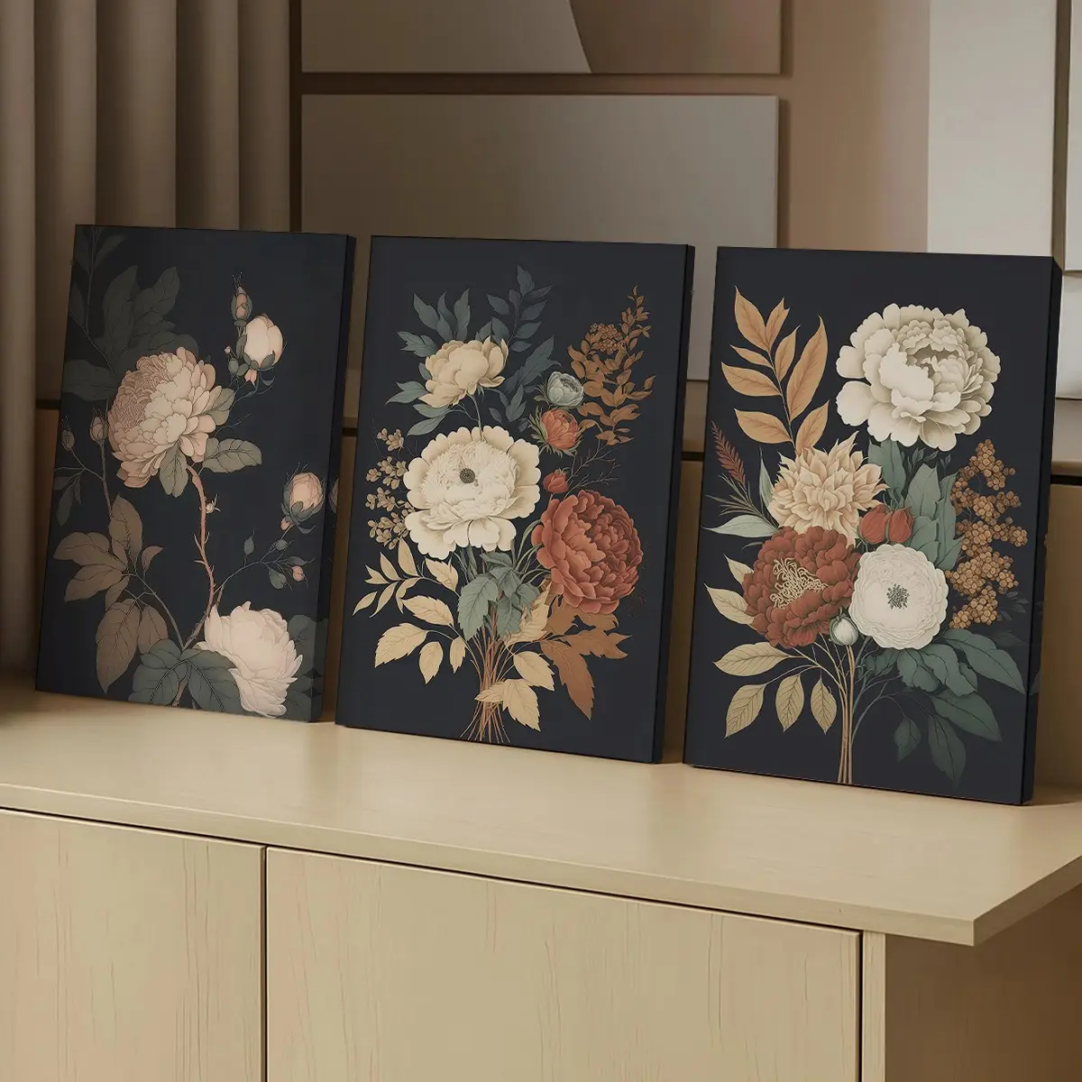 3Pcs Wooden Framed Vintage Flower Botanical Wall Art, Dark Floral Plant Canvas Posters, Floral Landscape Print, Vintage Garden Print, Ready To Hang Wall Painting For Gift, Wall Decor for Bedroom, Living Room, Office