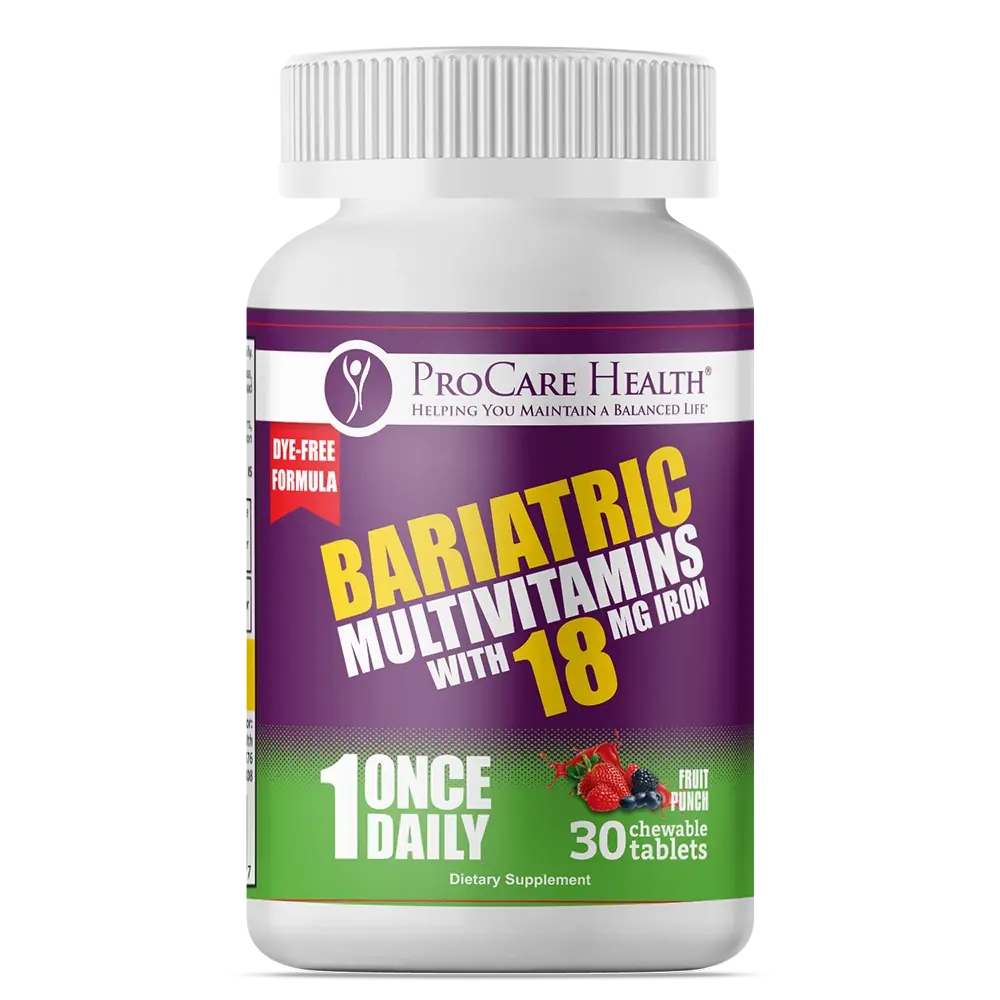 ProCare Health Bariatric Multivitamins with 18mg Iron Dye-Free Chewable Tablets Fruit Punch Flavor 30 Count Once Daily Supplement