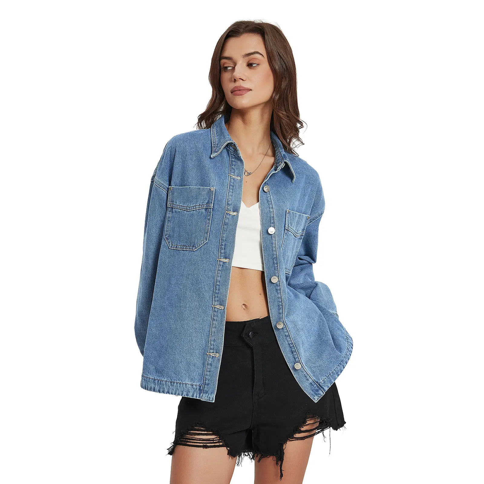Women's Oversized Collared Denim Jacket Button Down Long Sleeve Jean Shirt Casual Y2K Western Shacket with Pockets