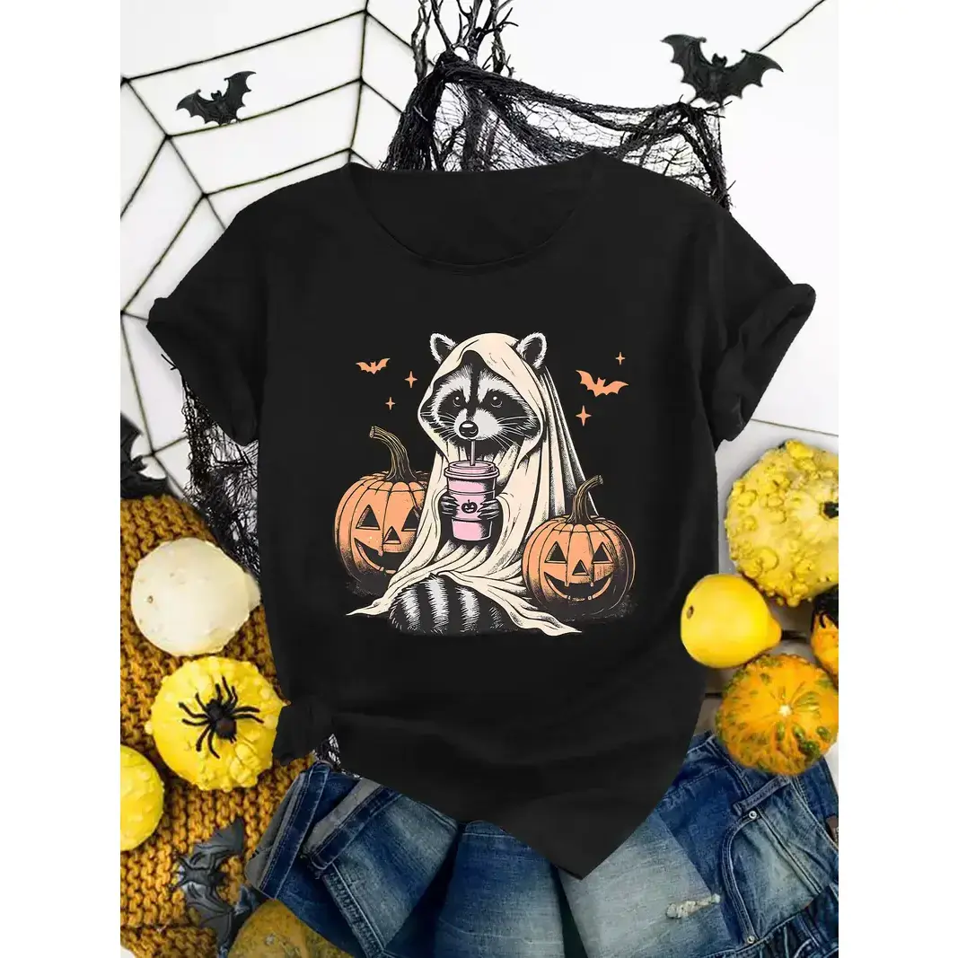 Men's Red Hooded T-Shirt, Soft 100% Cotton Halloween Costume with Raccoon & Pumpkin Graphic Print, Loose Stretch Fit for Parties, Casual, Clothes
