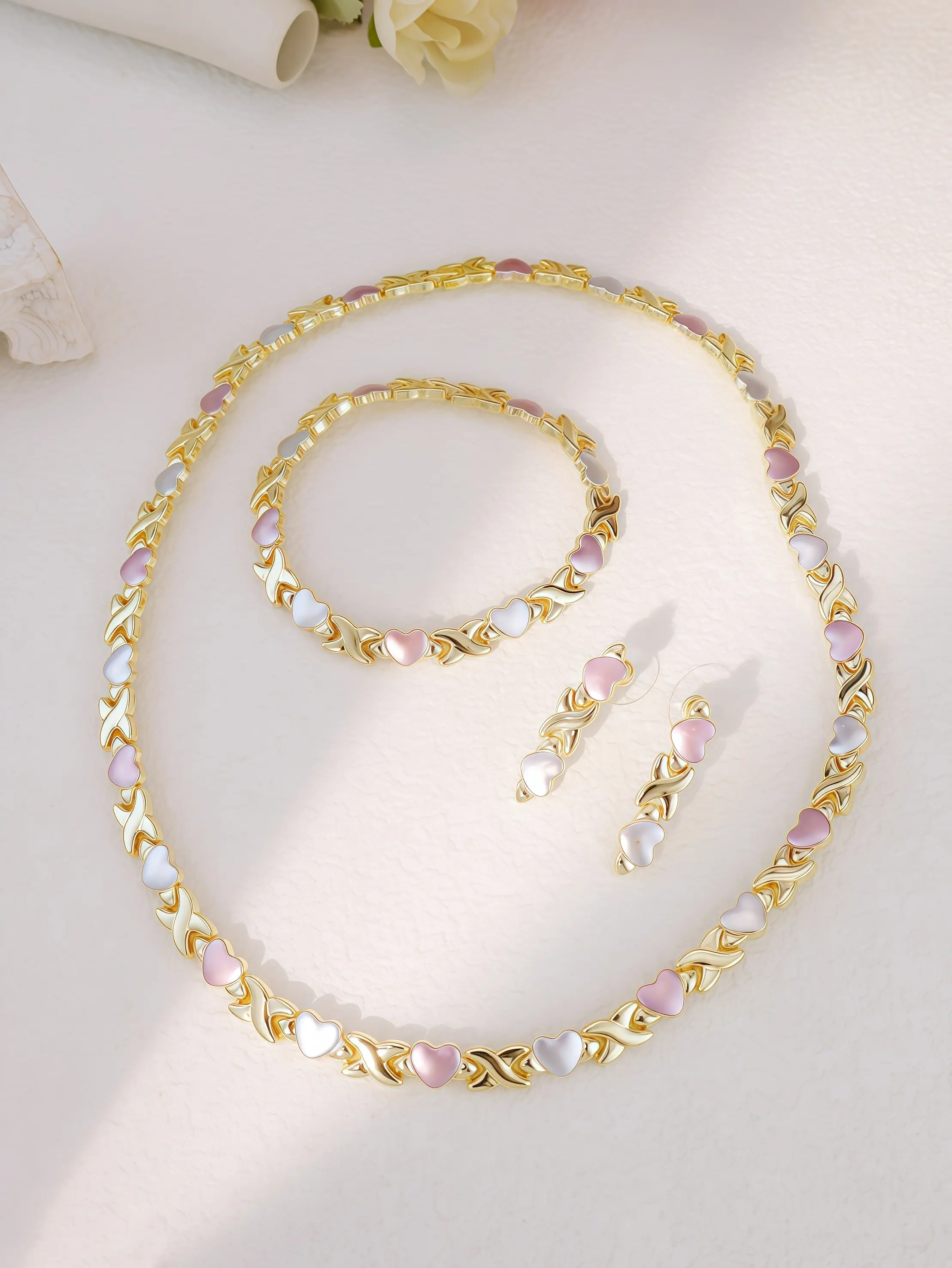 Women's 2-Piece Tricolor Gold Plated Fashion Jewelry Set - Hug Heart Design, Metallic, Rhinestone-Adorned Wedding Bridal Necklace & Earrings Dress Accessories, Fashion Jewelry Sets, Metallic Jewelry Sets