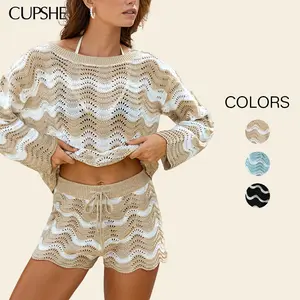 CUPSHE TikTokShopSpringGlowUp Crochet Knit Wave Summer Outfits, Flattering Hollow Out Drawstring Swimsuit Cover-Up Shorts, Aesthetic Beachwear Resort Outfits 2026